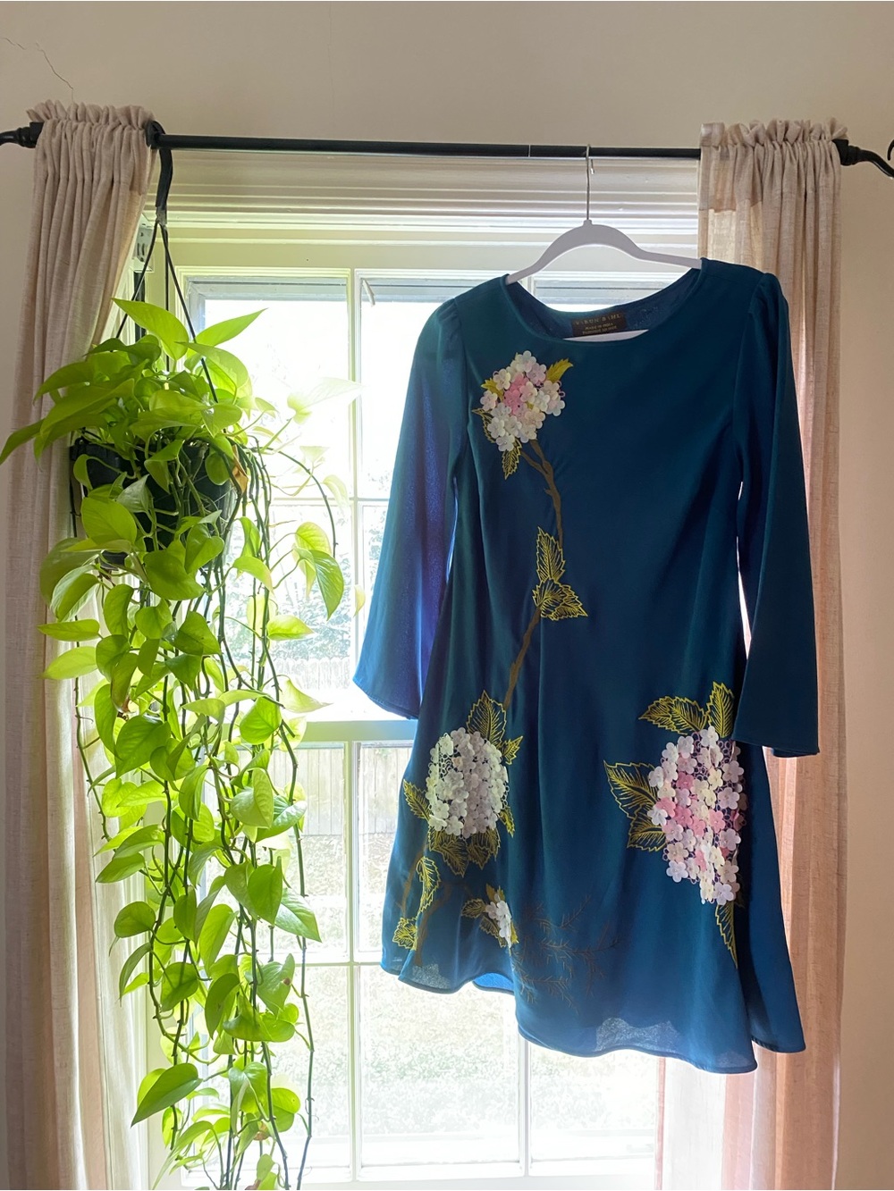 Anthropologie Floral Embroidered Blue Teal Dress